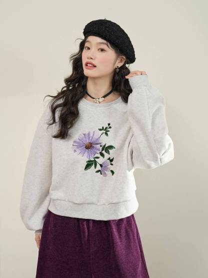 [GRAVER]★PURPLE FLOWER SMILE EMBROIDERY SWEATSHIRT Purple flower smile embroidery white clip sweatshirt