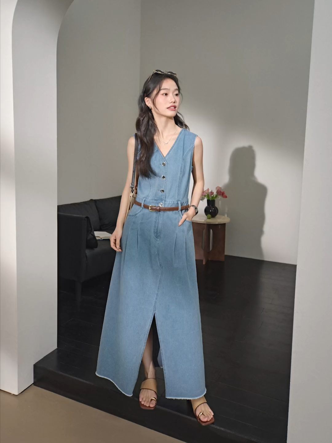【BAON】Hien Pleats Denim Layered Sleeveless One Piece Front Slit Denim Dress – KUOSE.com