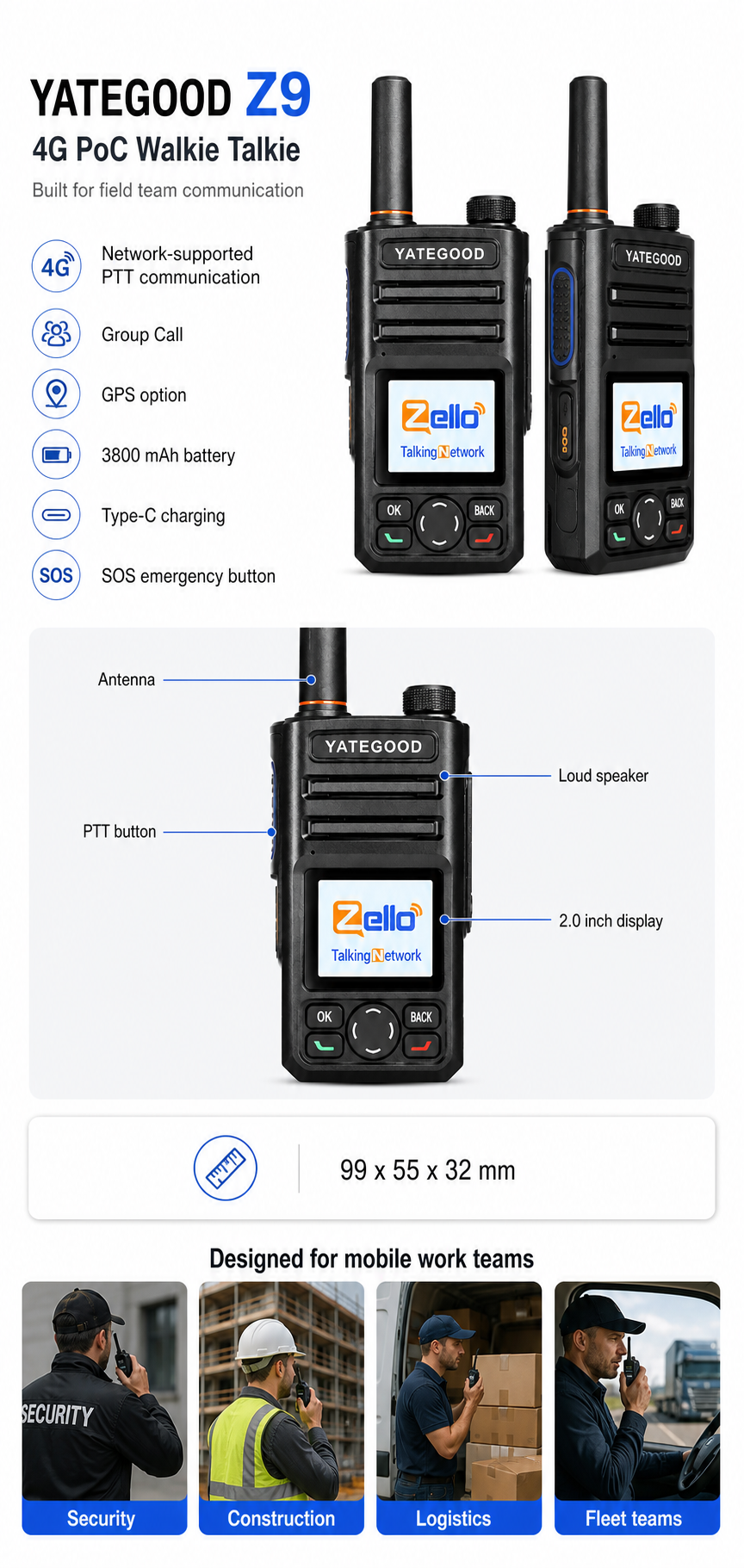 YATEGOOD Z9 4G PoC Walkie Talkie detail image for field teams