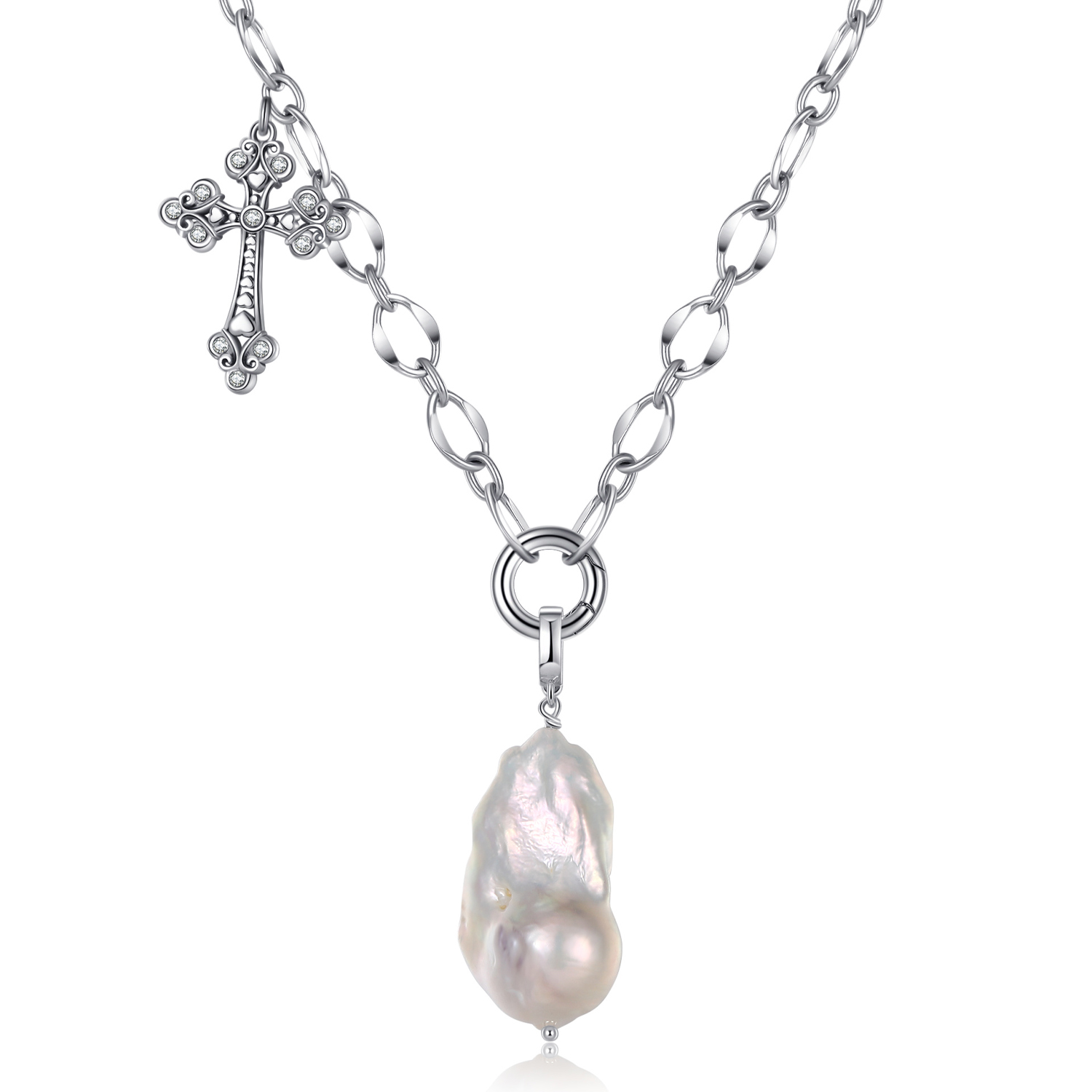 White Baroque Pearl Cross Necklace