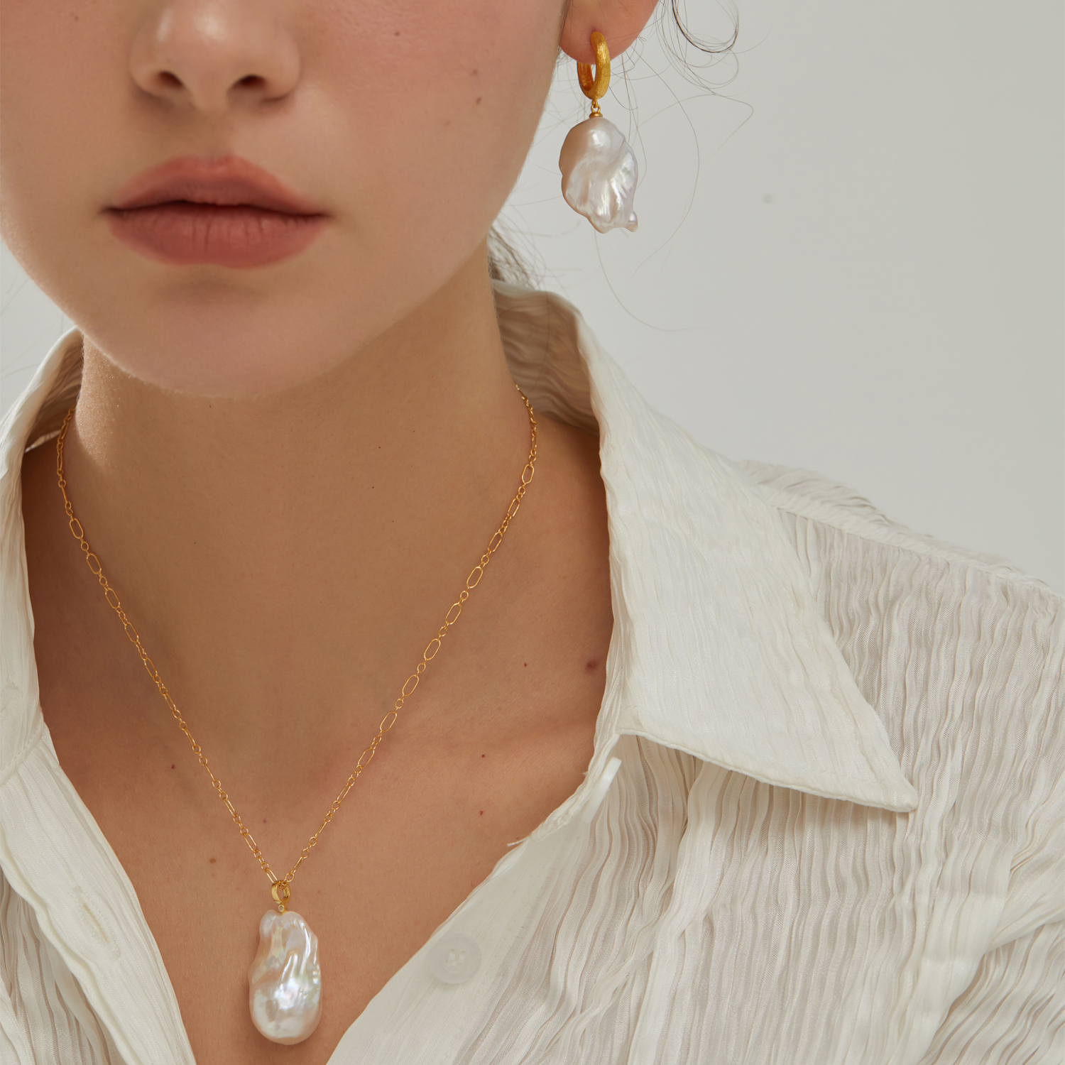 White Baroque Pearl Drop Earrings with Flower Top, Vermeil