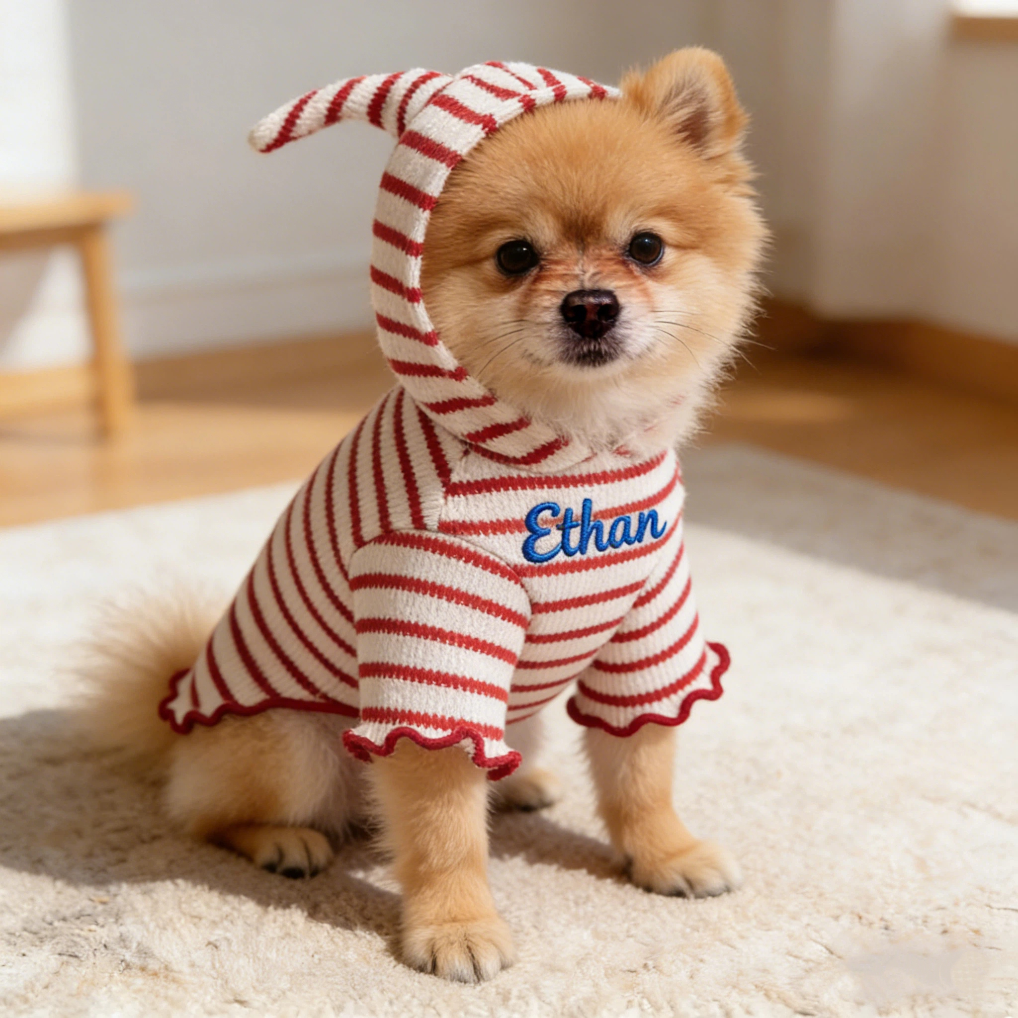 Personalized Embroidered Name Striped Waffle Knit Dog Hoodie | inCloth31
