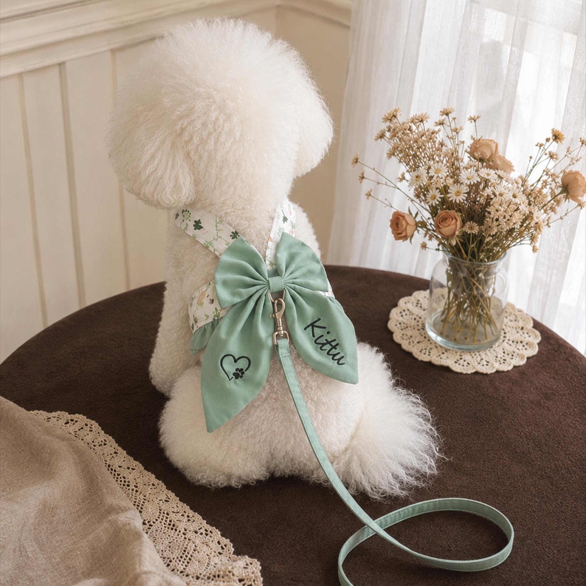 Personalized Name Embroidered Pet Bowknot Chest Harness Leash | inAccs63