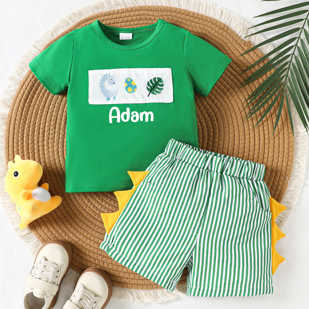 Personalized Baby Boys Dinosaur Embroidered Horns T-Shirt Shorts Outfit Set | CWBaby191