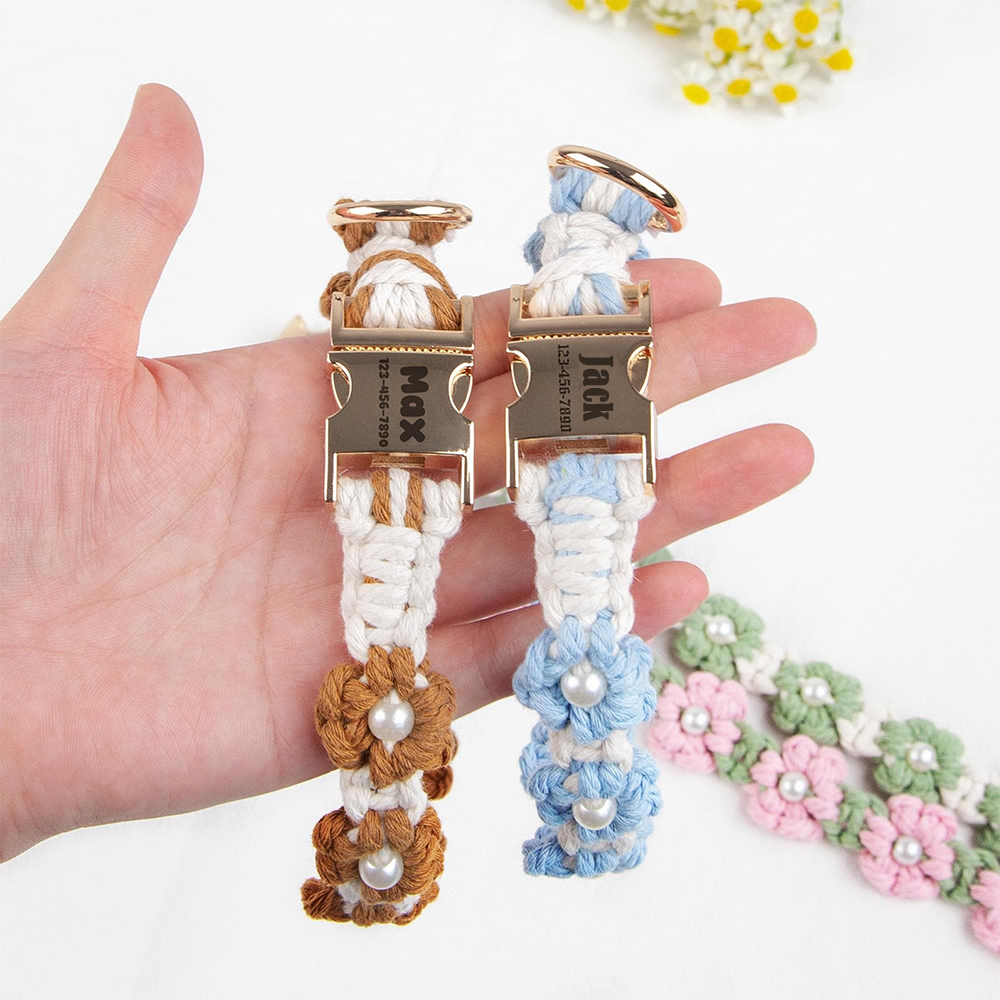 Personalized Engraved Name Woven Flower Pet Collar | KKPet450