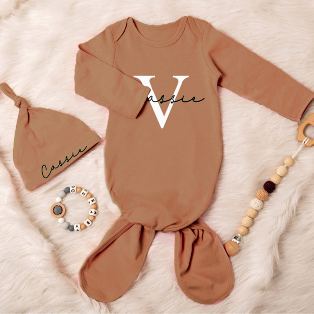 Personalized Cozy Newborn Gown with Knotted Hat | inRomper22
