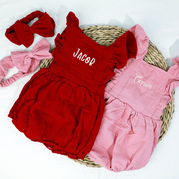 Personalized Embroidery Baby Organic Cotton Muslin Romper with Bow | inRomper35