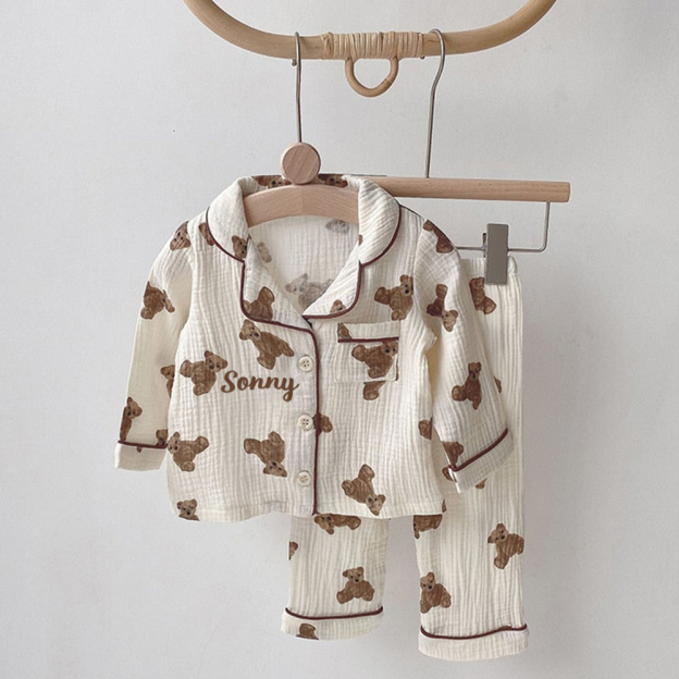 Personalized Kids Cotton Muslin Teddy Pajamas Set | inSet66
