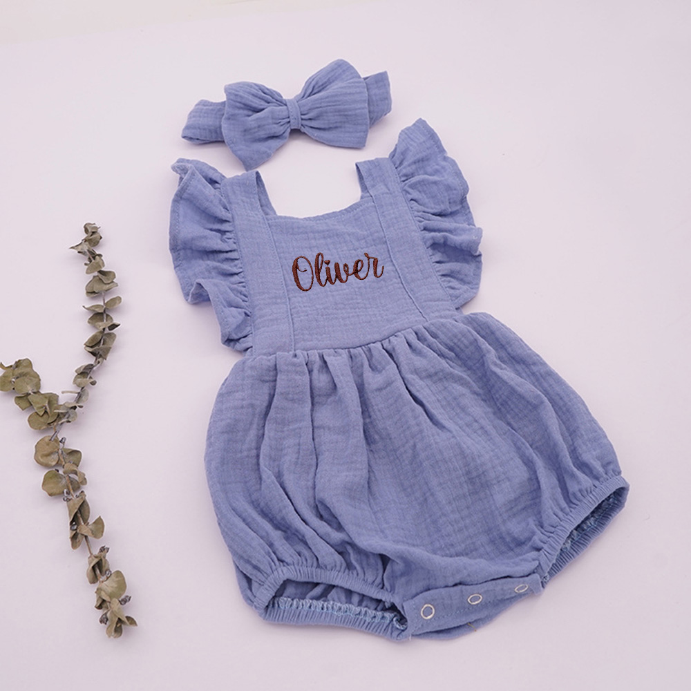 Personalized Embroidery Baby Organic Cotton Muslin Romper with Bow | inRomper35