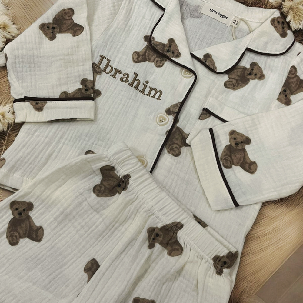Personalized Kids Cotton Muslin Teddy Pajamas Set | inSet66