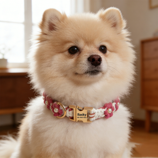 Personalized Engraved Name Woven Flower Pet Collar | KKPet450