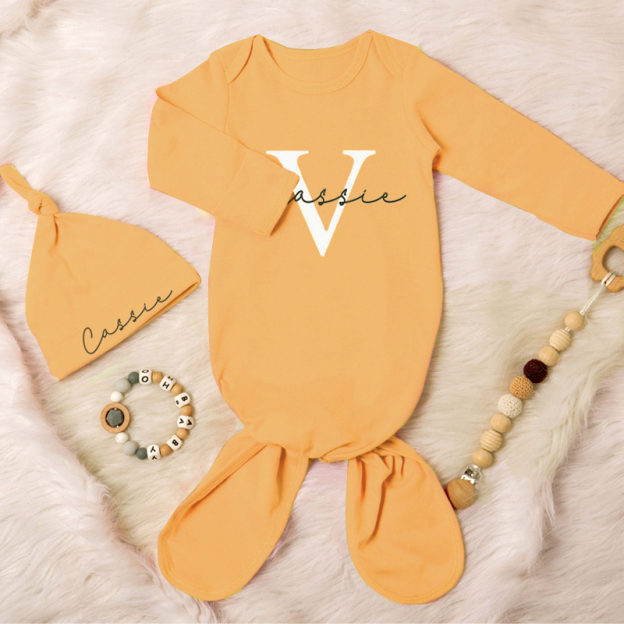 Personalized Cozy Newborn Gown with Knotted Hat | inRomper22