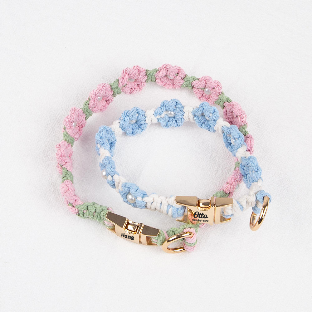 Personalized Engraved Name Woven Flower Pet Collar | KKPet450