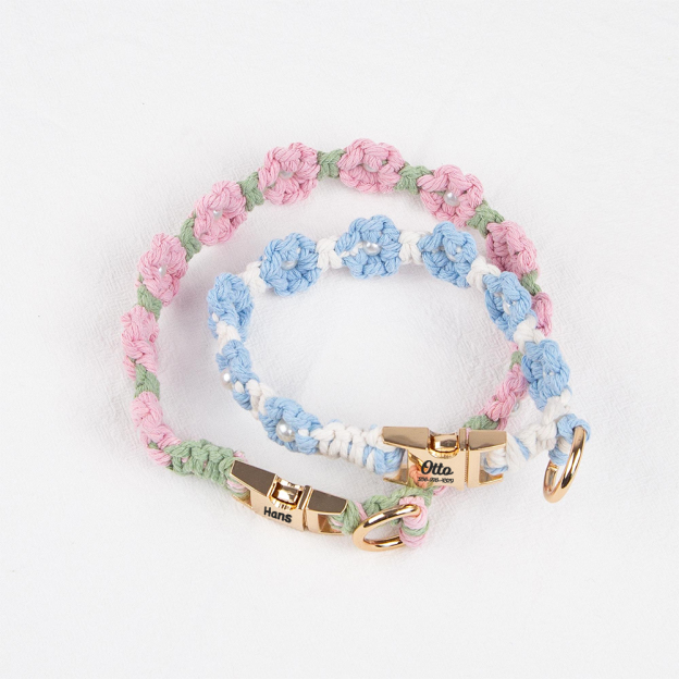 Personalized Engraved Name Woven Flower Pet Collar | KKPet450
