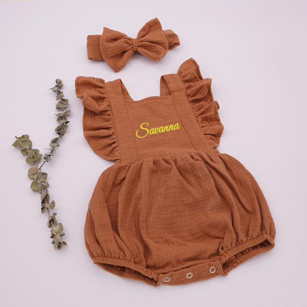 Personalized Embroidery Baby Organic Cotton Muslin Romper with Bow | inRomper35