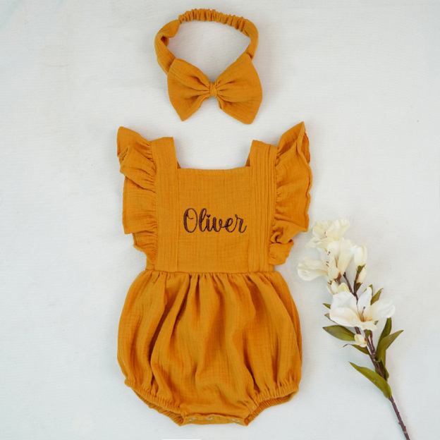 Personalized Embroidery Baby Organic Cotton Muslin Romper with Bow | inRomper35