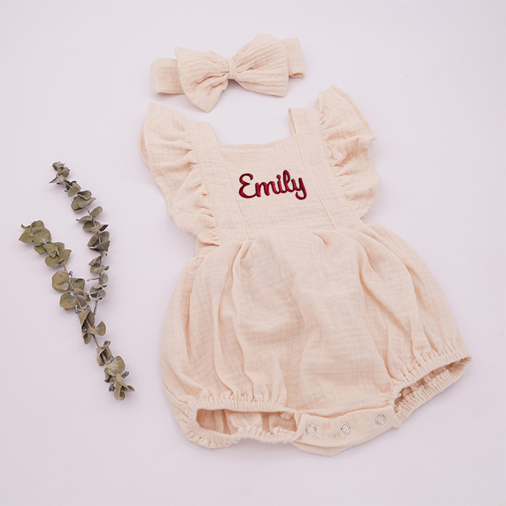 Personalized Embroidery Baby Organic Cotton Muslin Romper with Bow | inRomper35