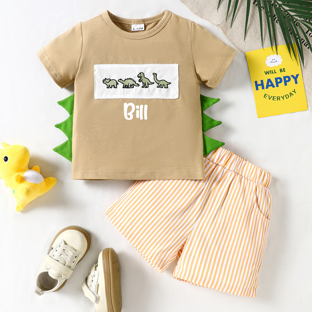 Personalized Baby Boys Dinosaur Embroidered Horns T-Shirt Shorts Outfit Set | CWBaby191