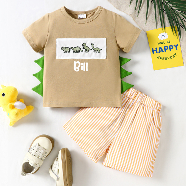 Personalized Baby Boys Dinosaur Embroidered Horns T-Shirt Shorts Outfit Set | CWBaby191