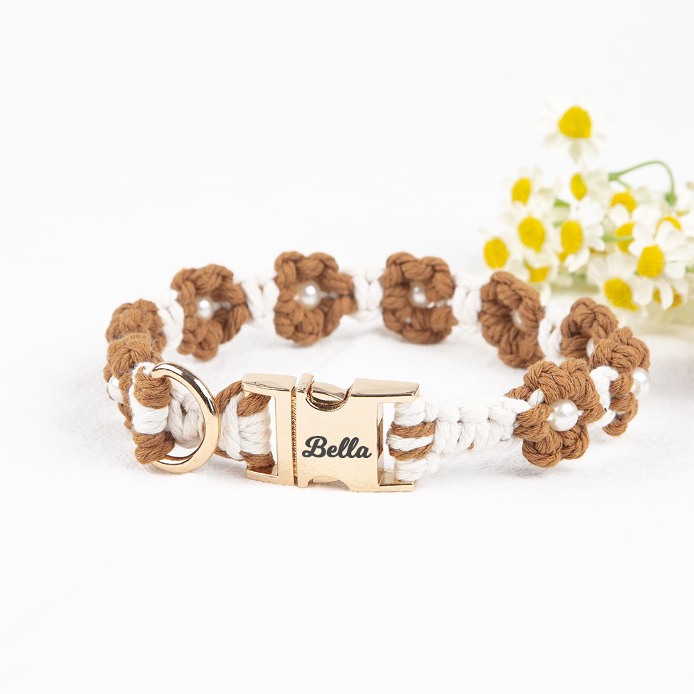 Personalized Engraved Name Woven Flower Pet Collar | KKPet450