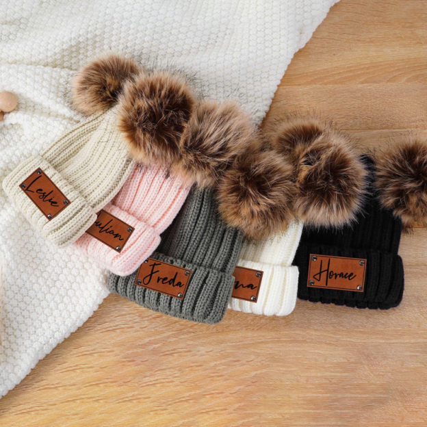 Personalized Leather Patch Pom Pom Hat for Comfort & Unique | HSKid26
