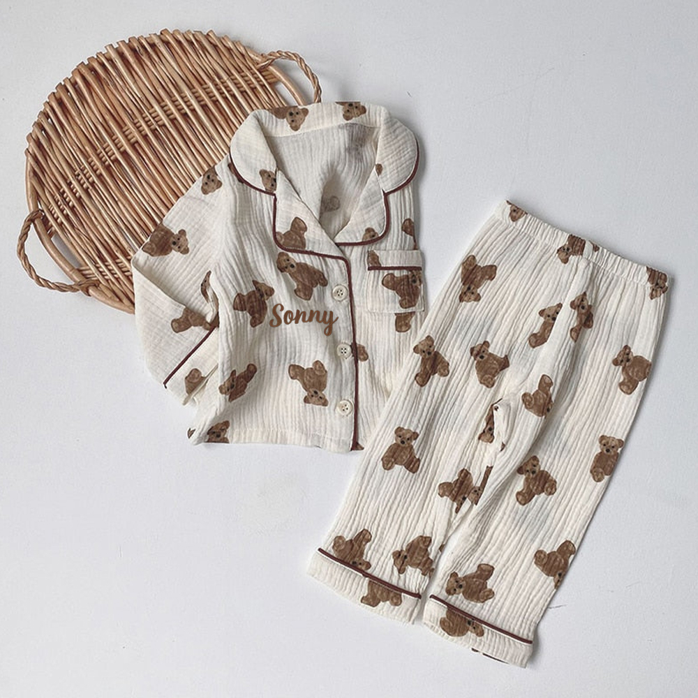 Personalized Kids Cotton Muslin Teddy Pajamas Set | inSet66