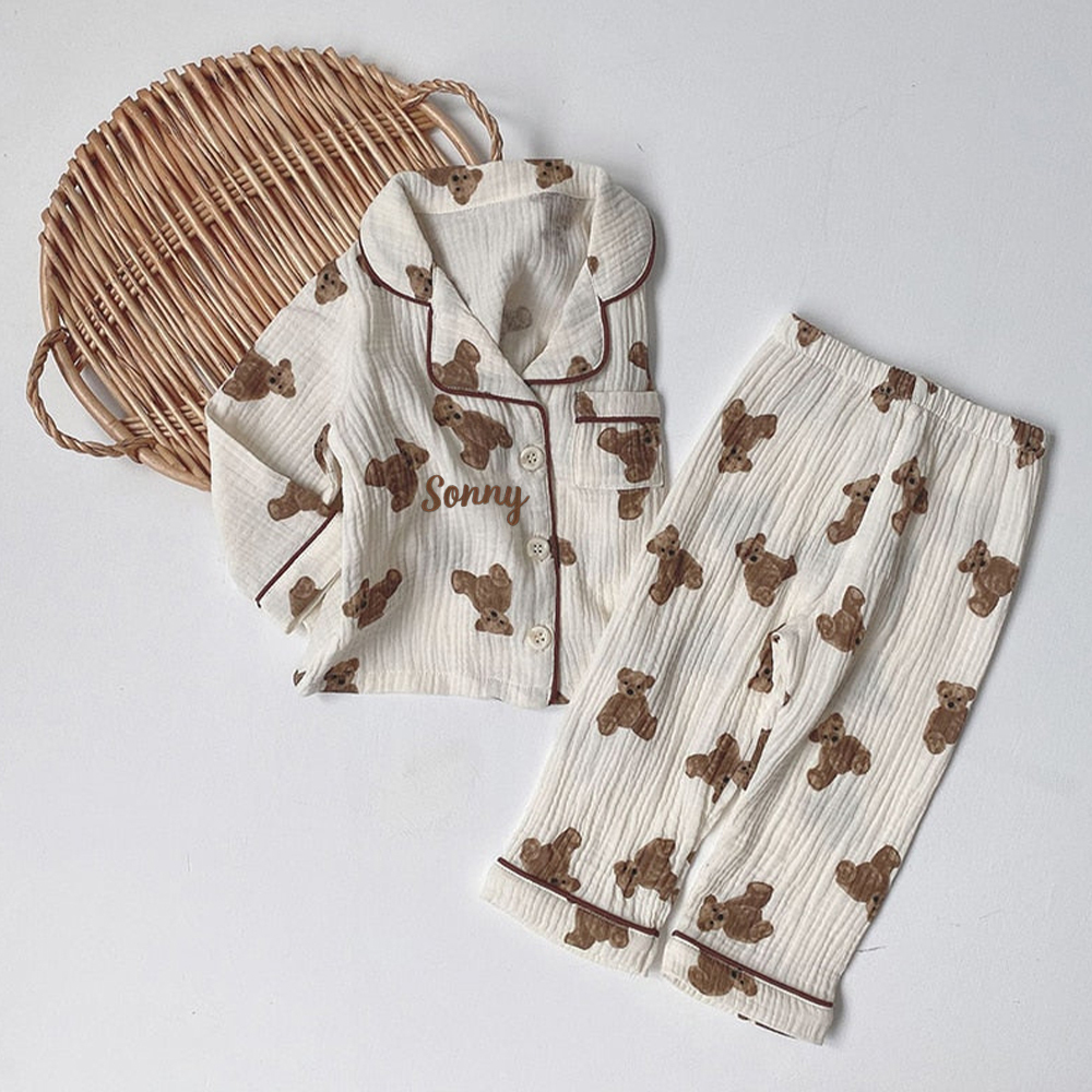 Personalized Kids Cotton Muslin Teddy Pajamas Set | inSet66