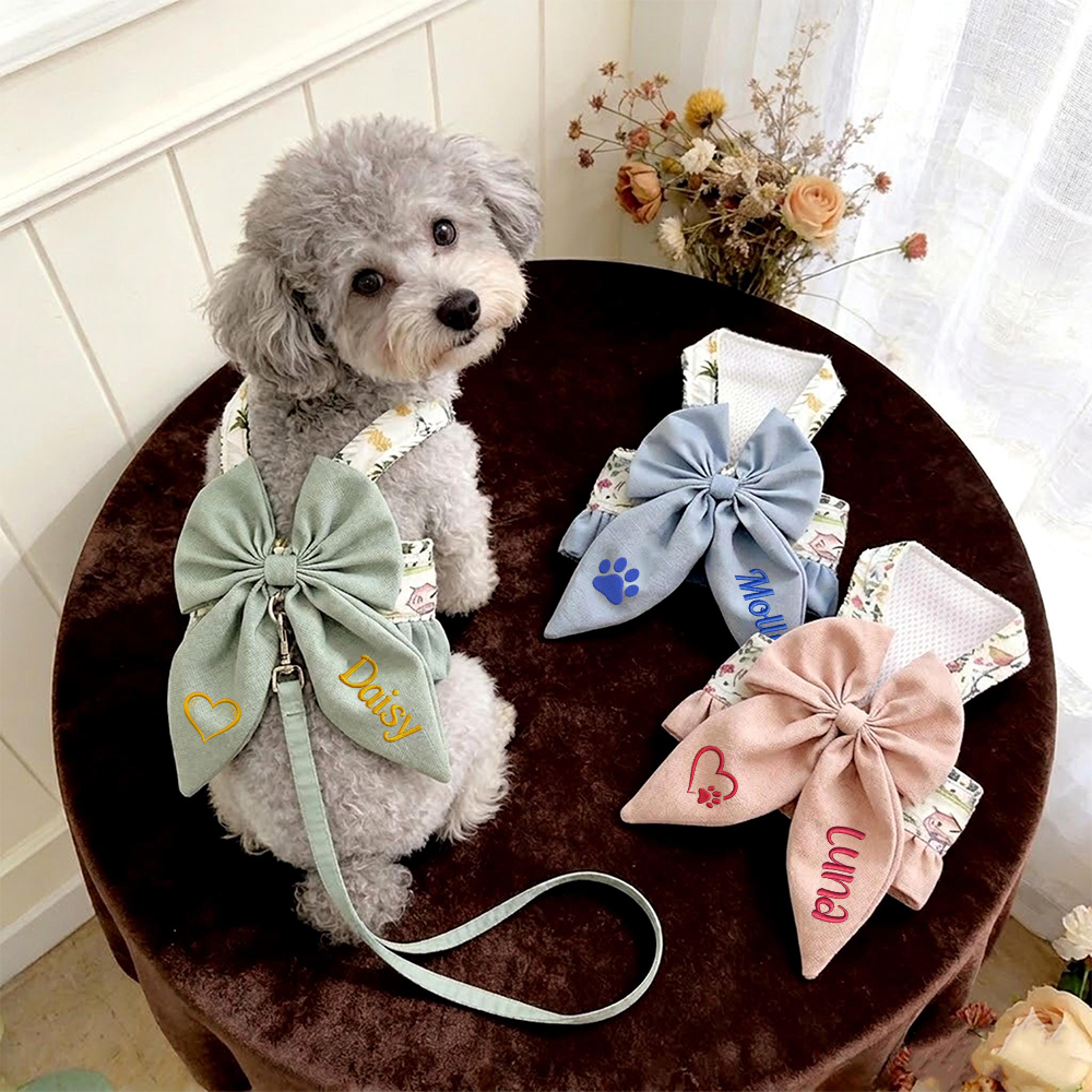 Personalized Name Embroidered Pet Bowknot Chest Harness Leash | inAccs63