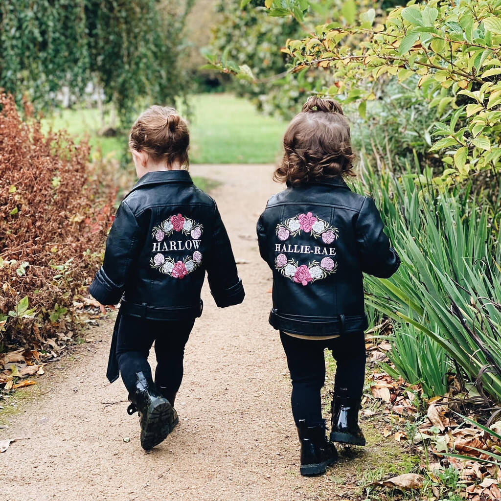 Personalized Embroidery Kids Floral Wreath Leather Jacket | Injacket36