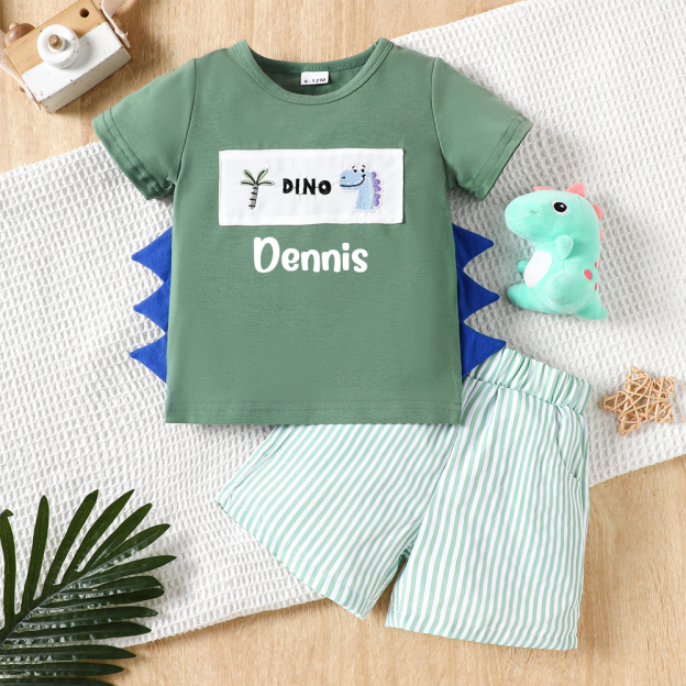 Personalized Baby Boys Dinosaur Embroidered Horns T-Shirt Shorts Outfit Set | CWBaby191