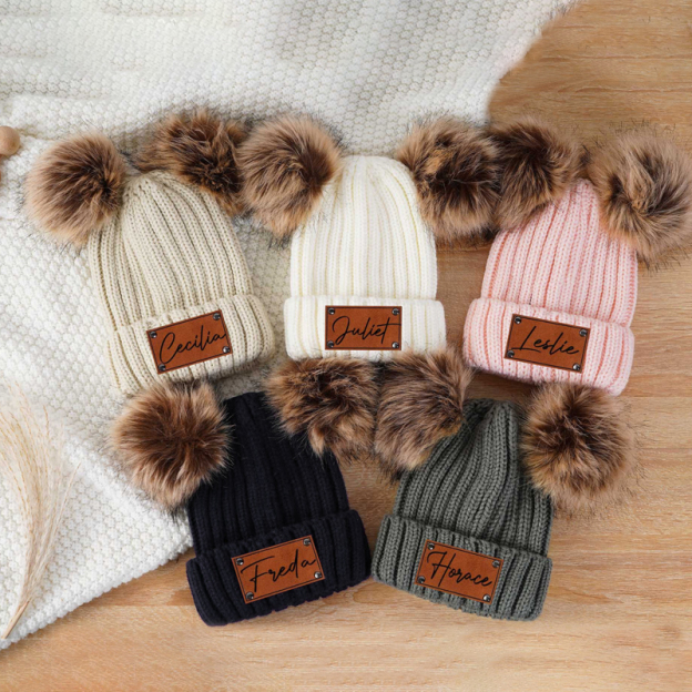 Personalized Leather Patch Pom Pom Hat for Comfort & Unique | HSKid26
