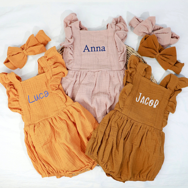 Personalized Embroidery Baby Organic Cotton Muslin Romper with Bow | inRomper35