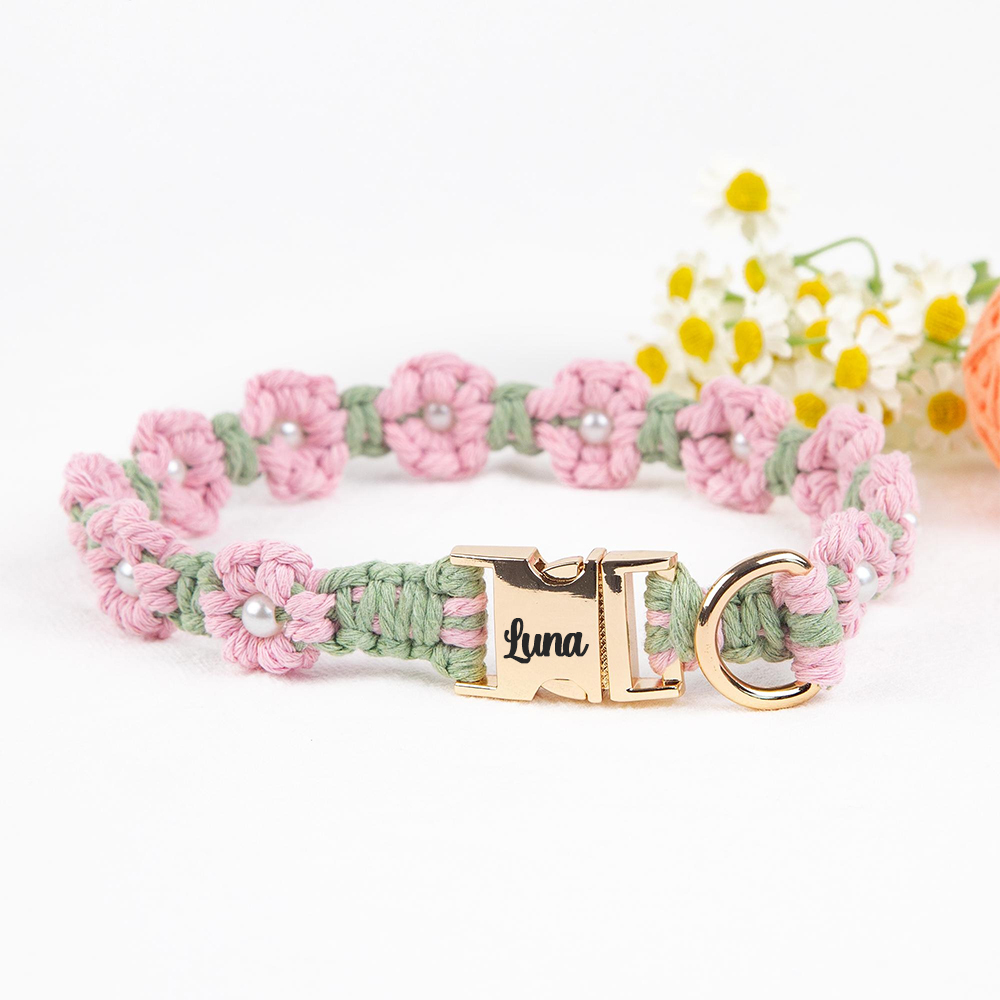 Personalized Engraved Name Woven Flower Pet Collar | KKPet450