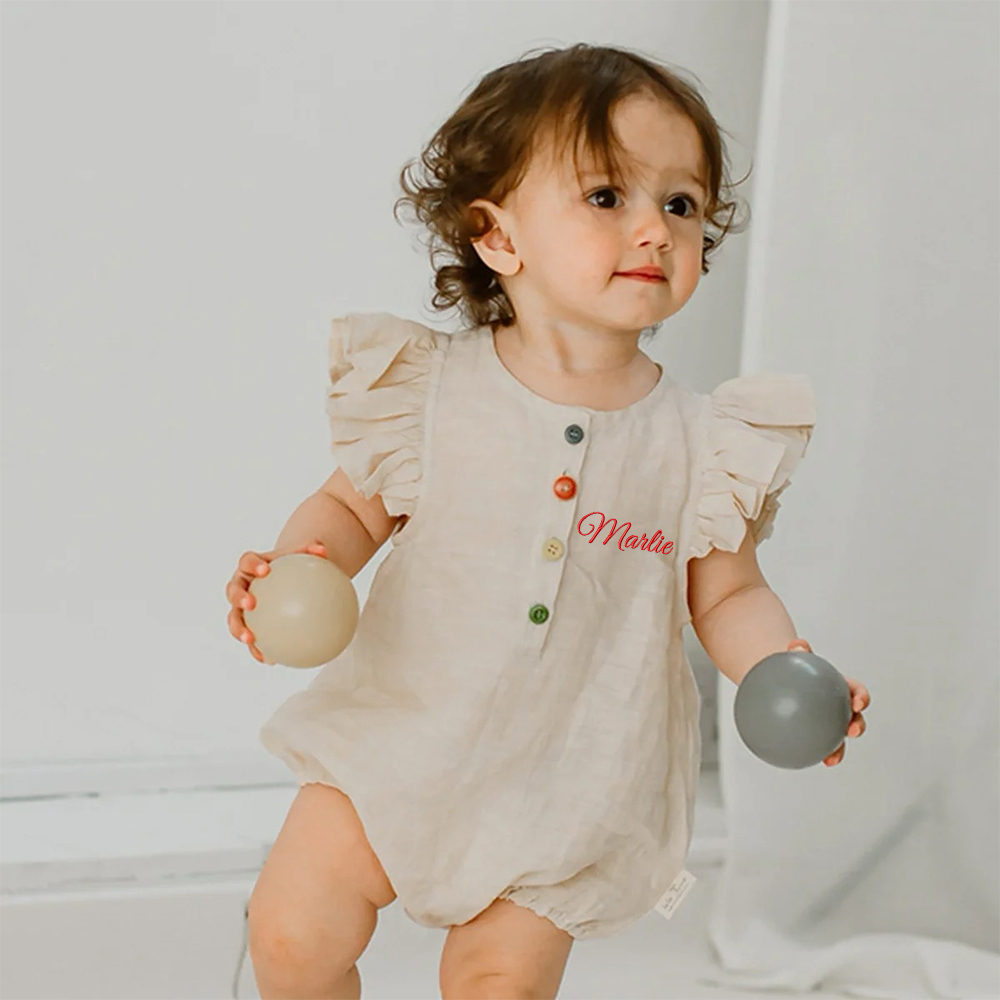 Personalized Embroidery Baby Ruffled Sleeves Colorful Buttoned Romper | inRomper30