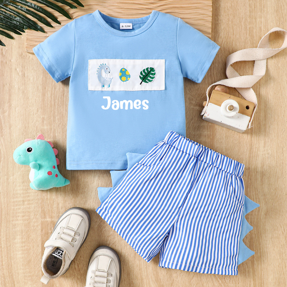 Personalized Baby Boys Dinosaur Embroidered Horns T-Shirt Shorts Outfit Set | CWBaby191