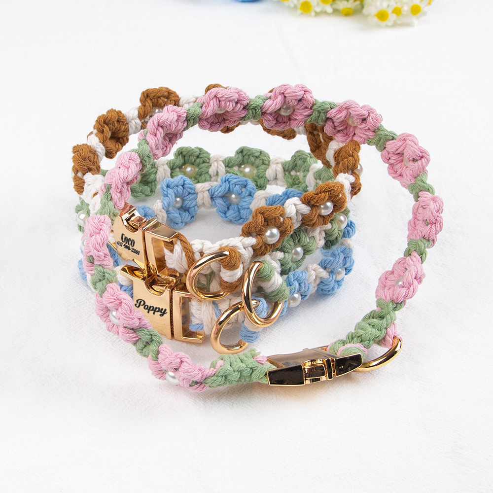 Personalized Engraved Name Woven Flower Pet Collar | KKPet450