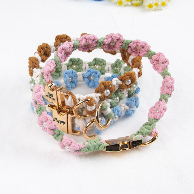 Personalized Engraved Name Woven Flower Pet Collar | KKPet450