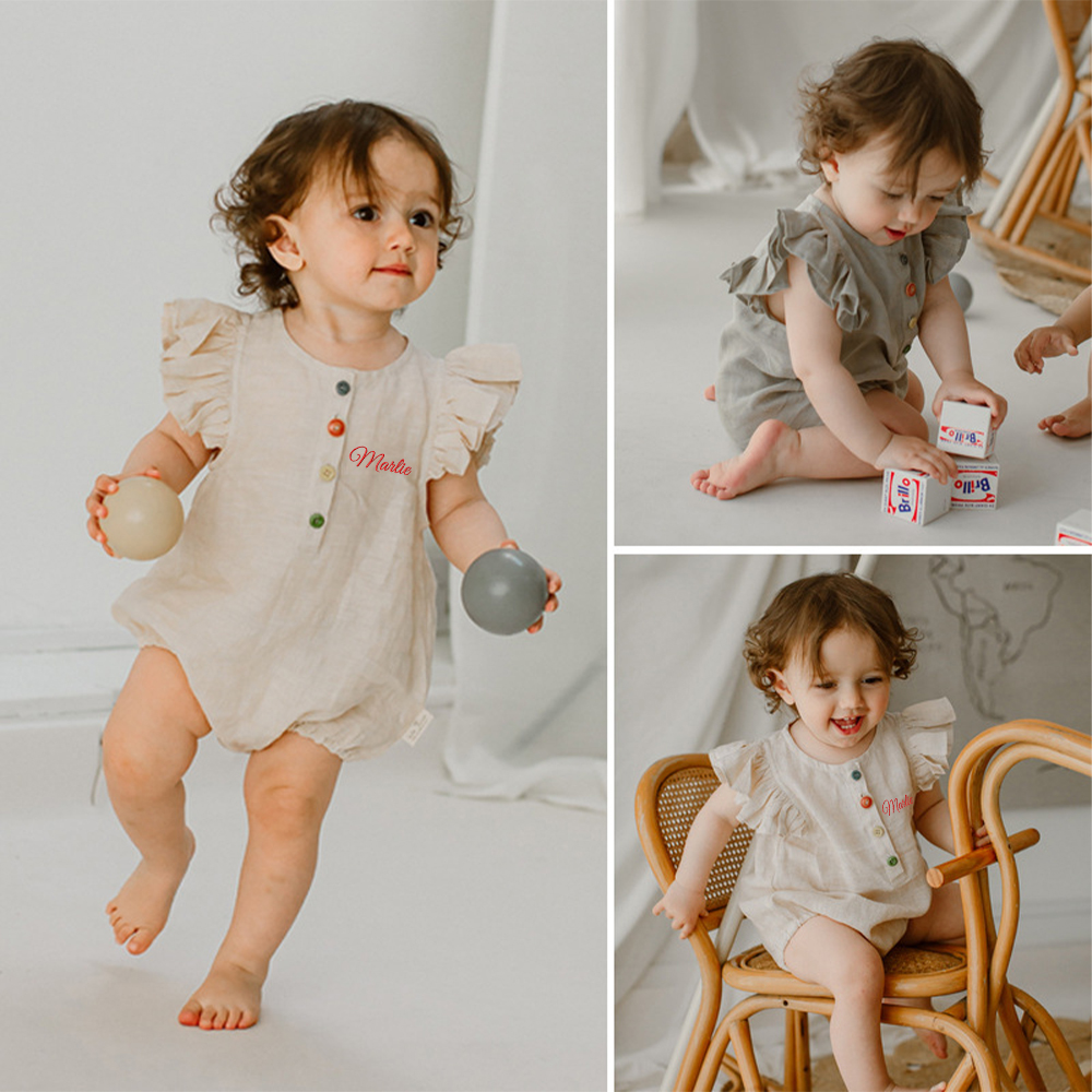 Personalized Embroidery Baby Ruffled Sleeves Colorful Buttoned Romper | inRomper30