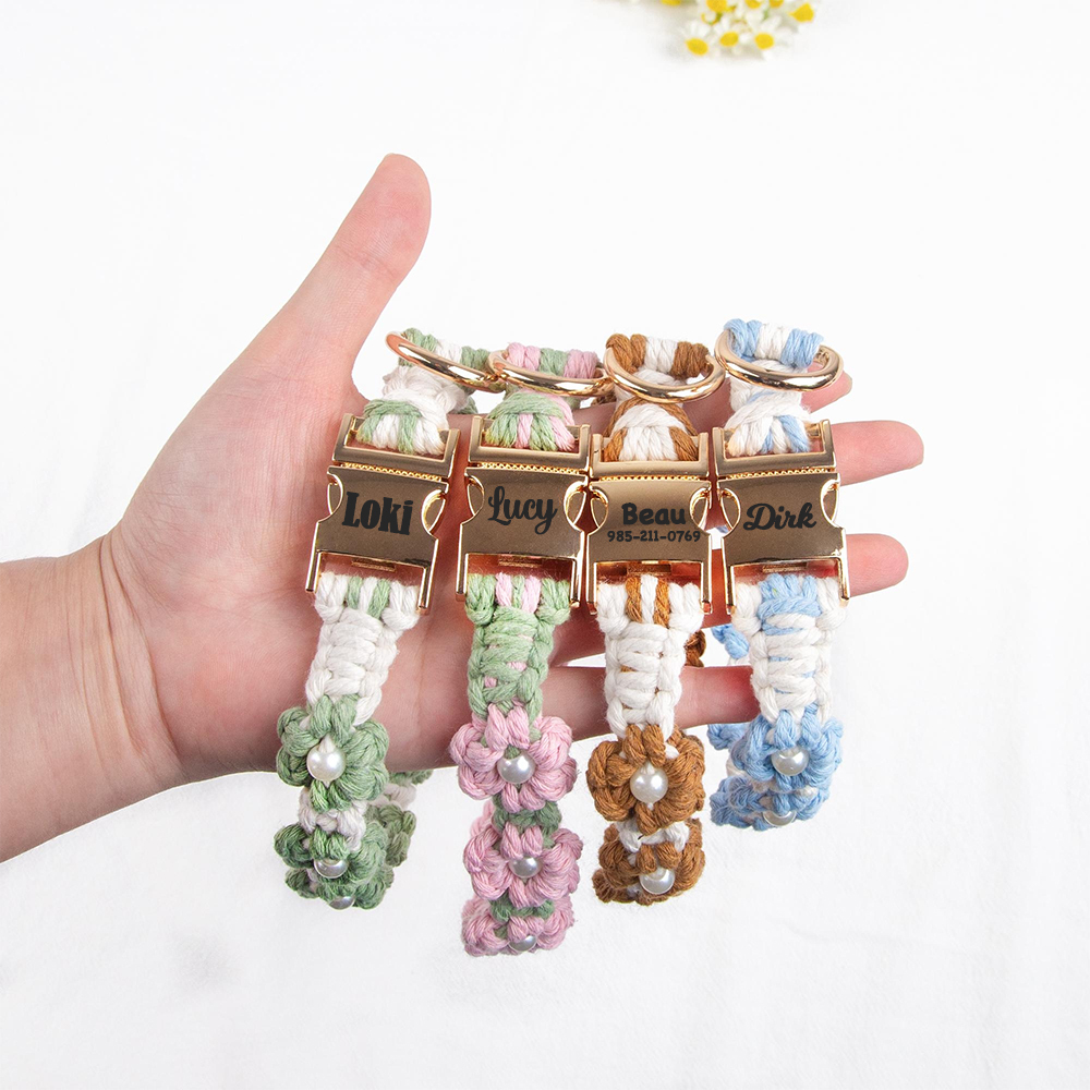 Personalized Engraved Name Woven Flower Pet Collar | KKPet450