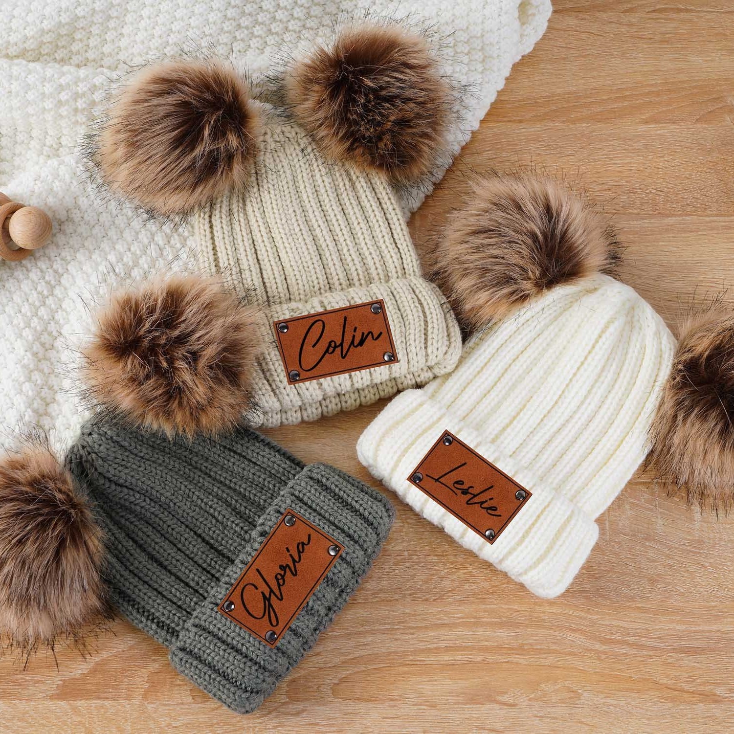 Personalized Leather Patch Pom Pom Hat for Comfort & Unique | HSKid26