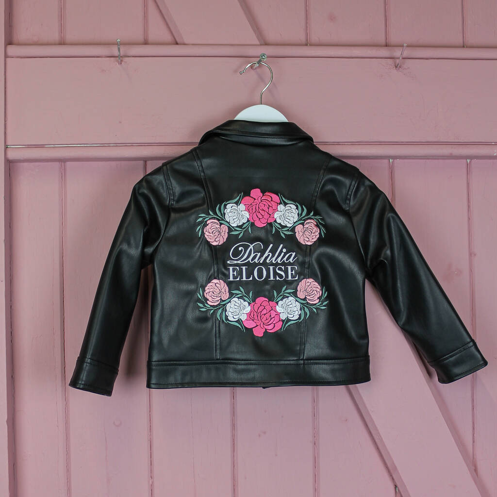 Personalized Embroidery Kids Floral Wreath Leather Jacket | Injacket36