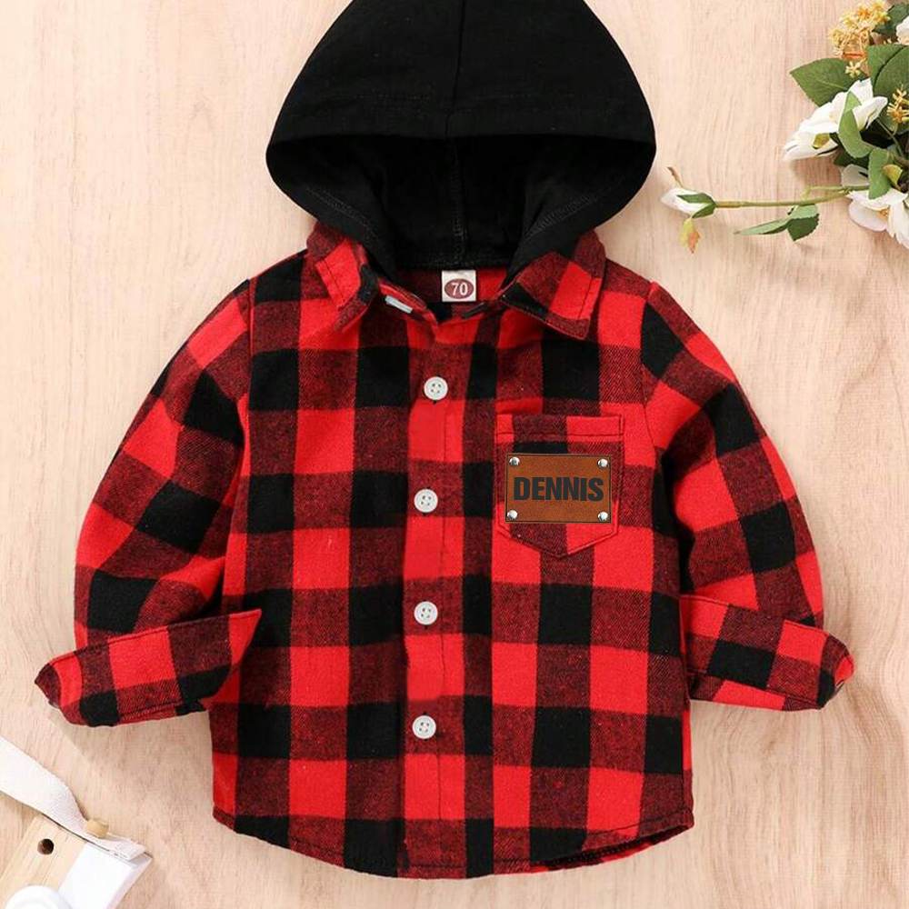 Personalized Leather Patch Kids Flannel Jacket with Hat | inJacket40