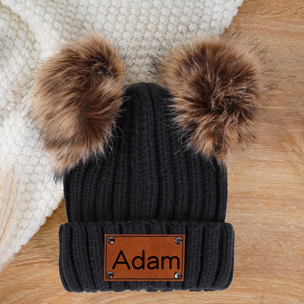 Personalized Leather Patch Pom Pom Hat for Comfort & Unique | HSKid26