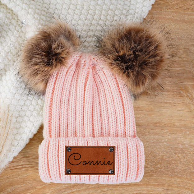 Personalized Leather Patch Pom Pom Hat for Comfort & Unique | HSKid26