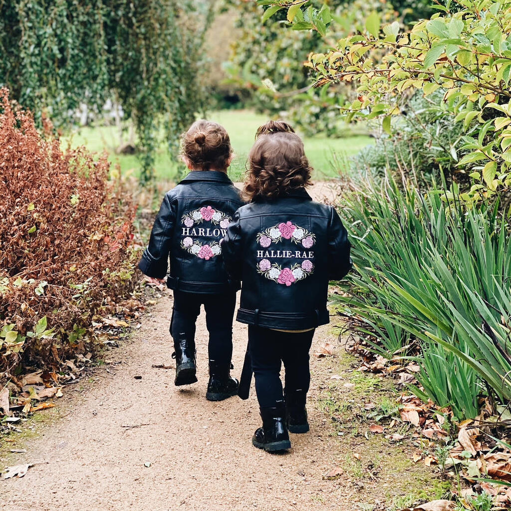 Personalized Embroidery Kids Floral Wreath Leather Jacket | Injacket36