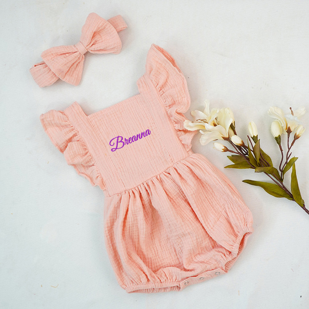 Personalized Embroidery Baby Organic Cotton Muslin Romper with Bow | inRomper35