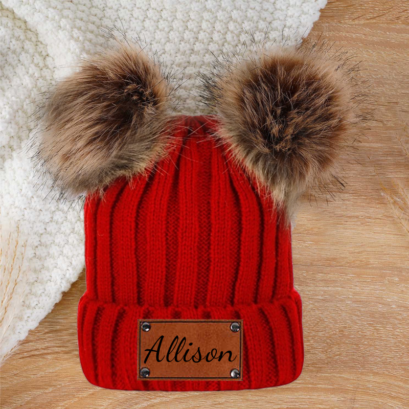 Personalized Leather Patch Pom Pom Hat for Comfort & Unique | HSKid26