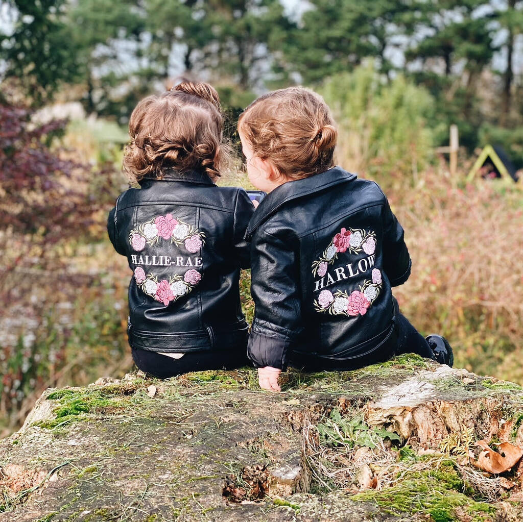 Personalized Embroidery Kids Floral Wreath Leather Jacket | Injacket36