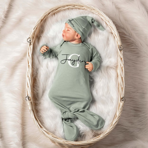 Personalized Cozy Newborn Gown with Knotted Hat | inRomper22