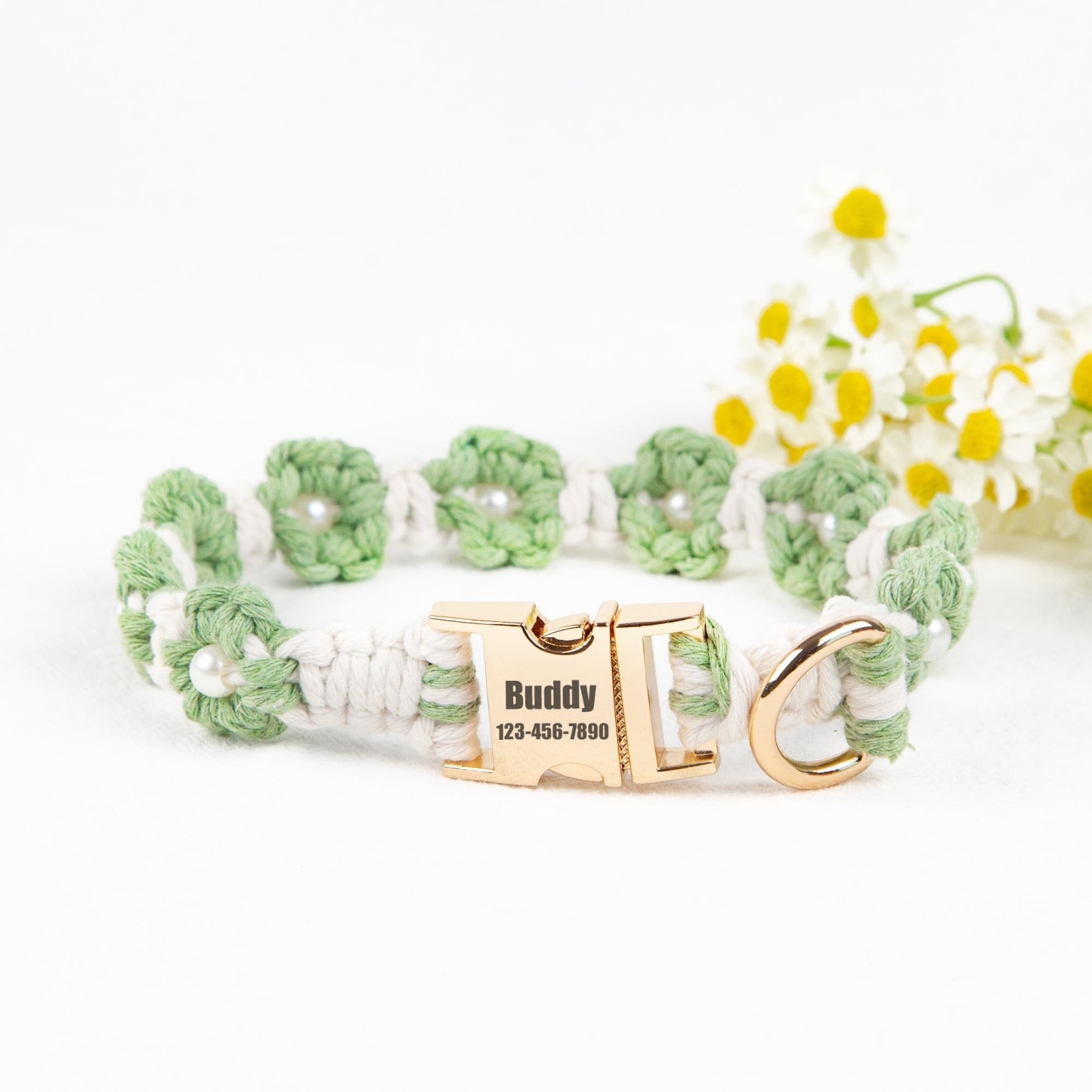 Personalized Engraved Name Woven Flower Pet Collar | KKPet450